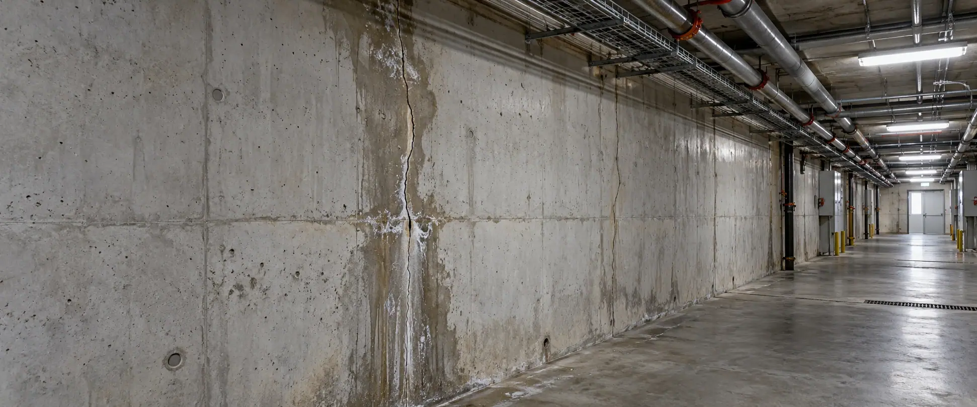 Before repairs: a vertical crack and water staining on a concrete basement wall.