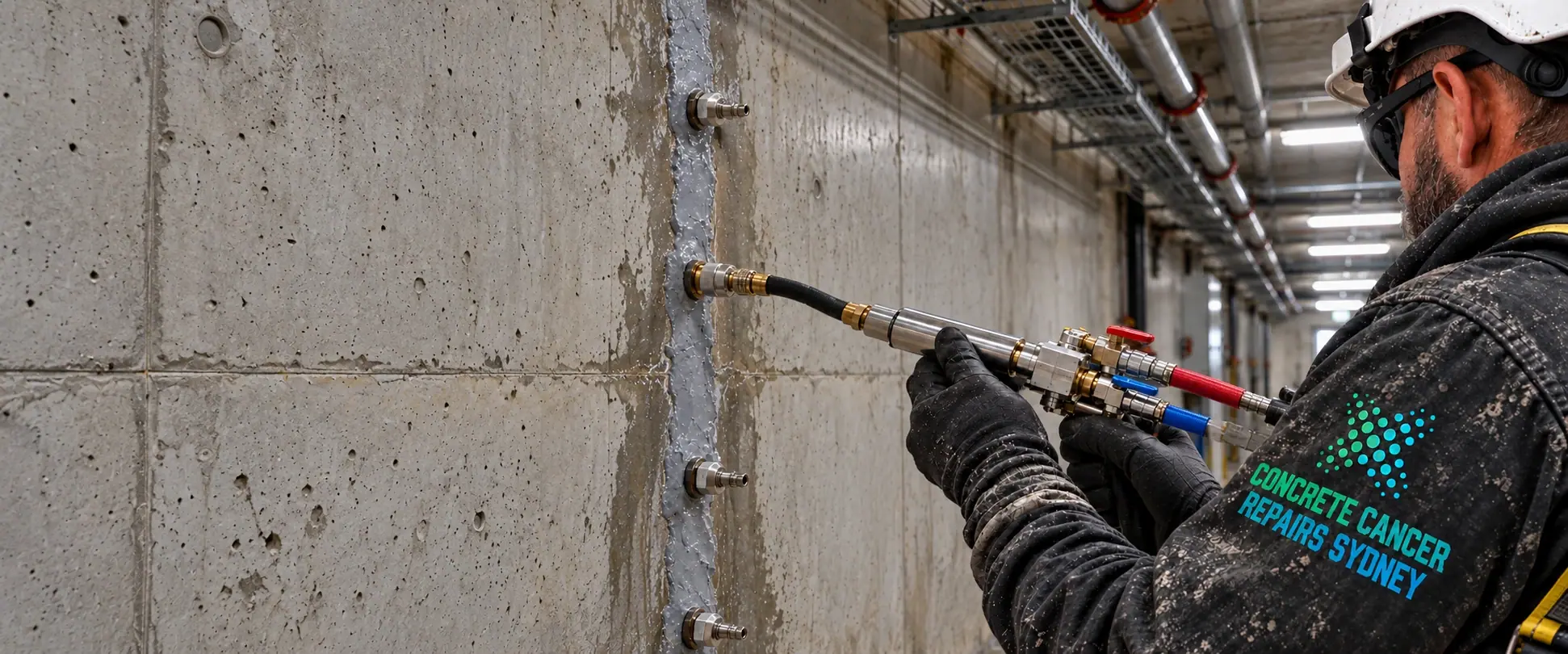 During repairs: a worker injecting a prepared basement wall crack through installed injection ports.
