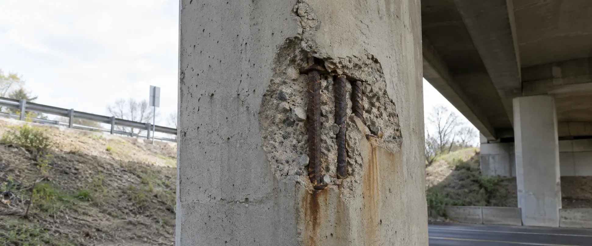 Illustrative BEFORE concept: localised spalling and exposed corroded reinforcement to a road-bridge pier beside an embankment.