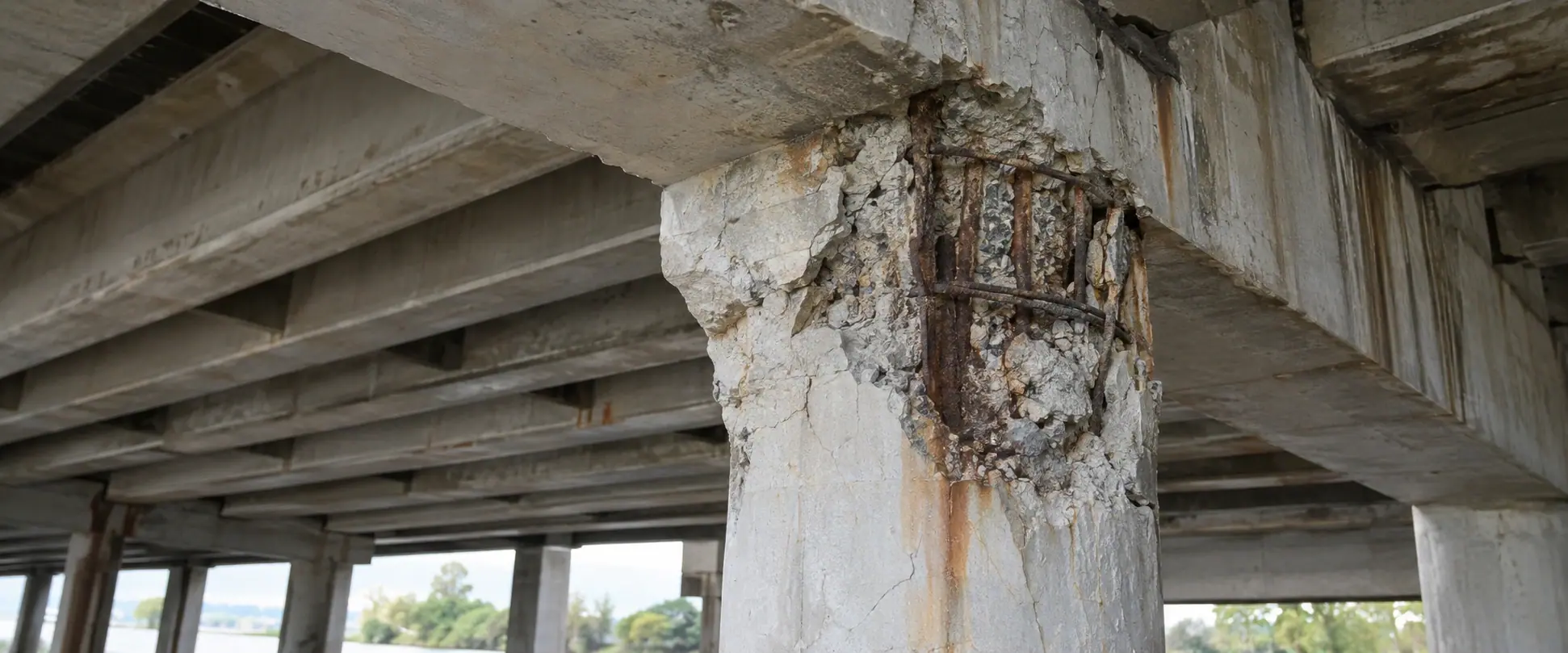 Illustrative BEFORE concept: extensive cover loss and partially exposed steel around the headstock-to-pier junction beneath a bridge spanning water.