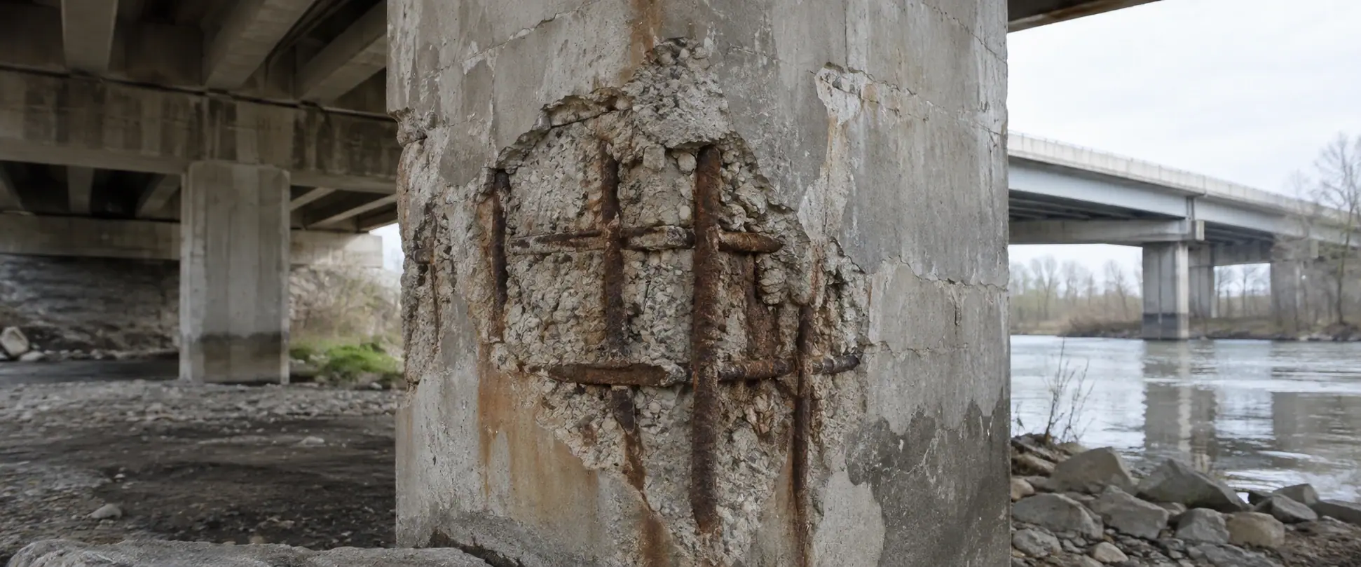 Illustrative BEFORE concept: reinforced-concrete spalling and corrosion concentrated on a pier near the beam and soffit connection.