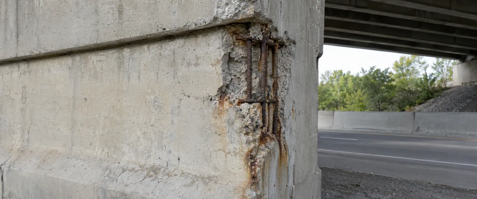 Illustrative BEFORE concept: cracked and spalled concrete at a bridge-support edge beside an operational road corridor, with local reinforcement exposure.
