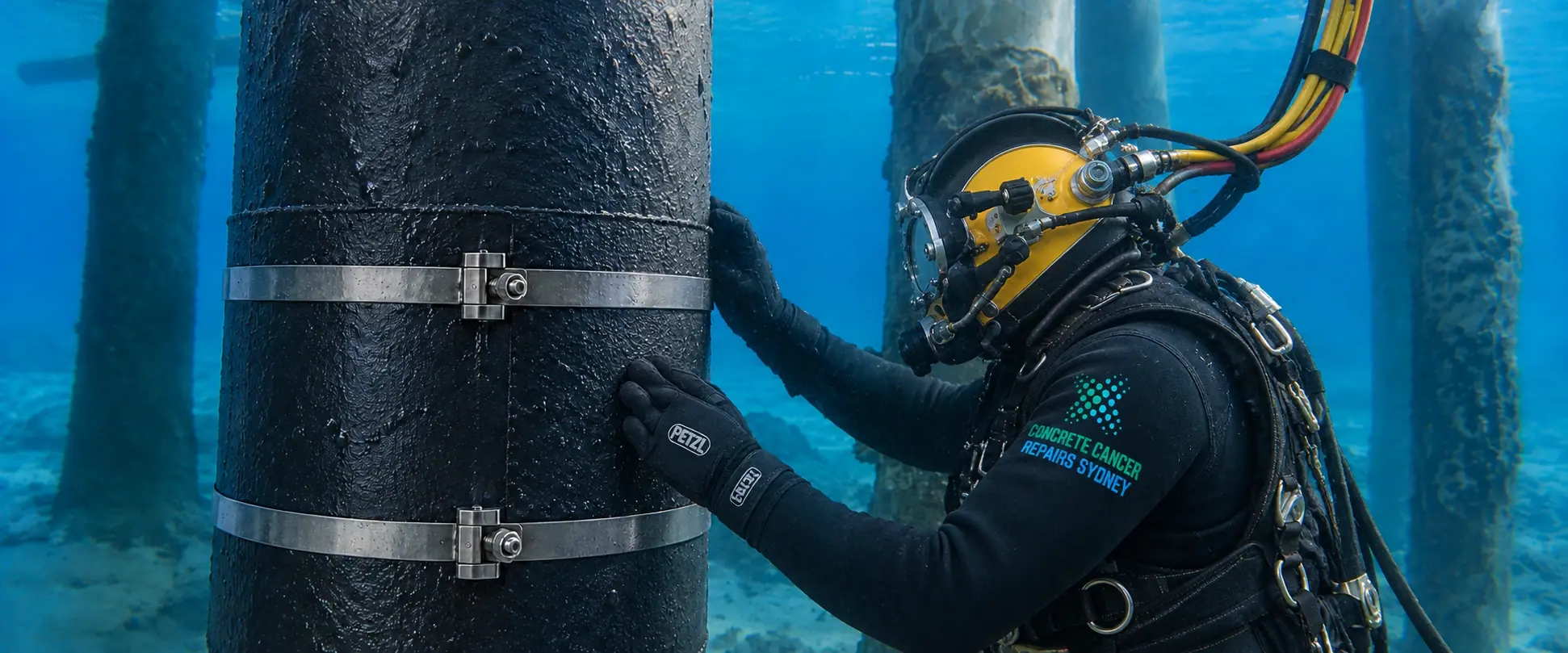 Illustrative AFTER concept: marine concrete pile encapsulation jacket installed beneath a wharf by a commercial diver.