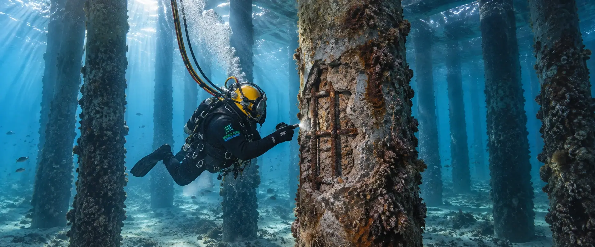 Illustrative BEFORE concept: commercial diver assessing concrete spalling, partly embedded corroded reinforcement and marine growth on a submerged wharf pile.