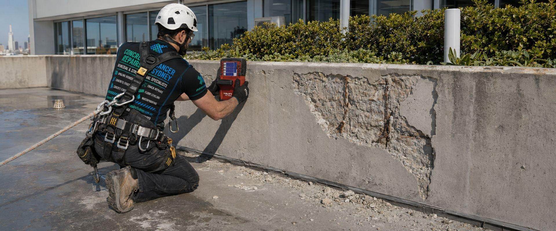 Before repair — Rooftop Parapet, Planter Box & Concrete Upstand Remediation