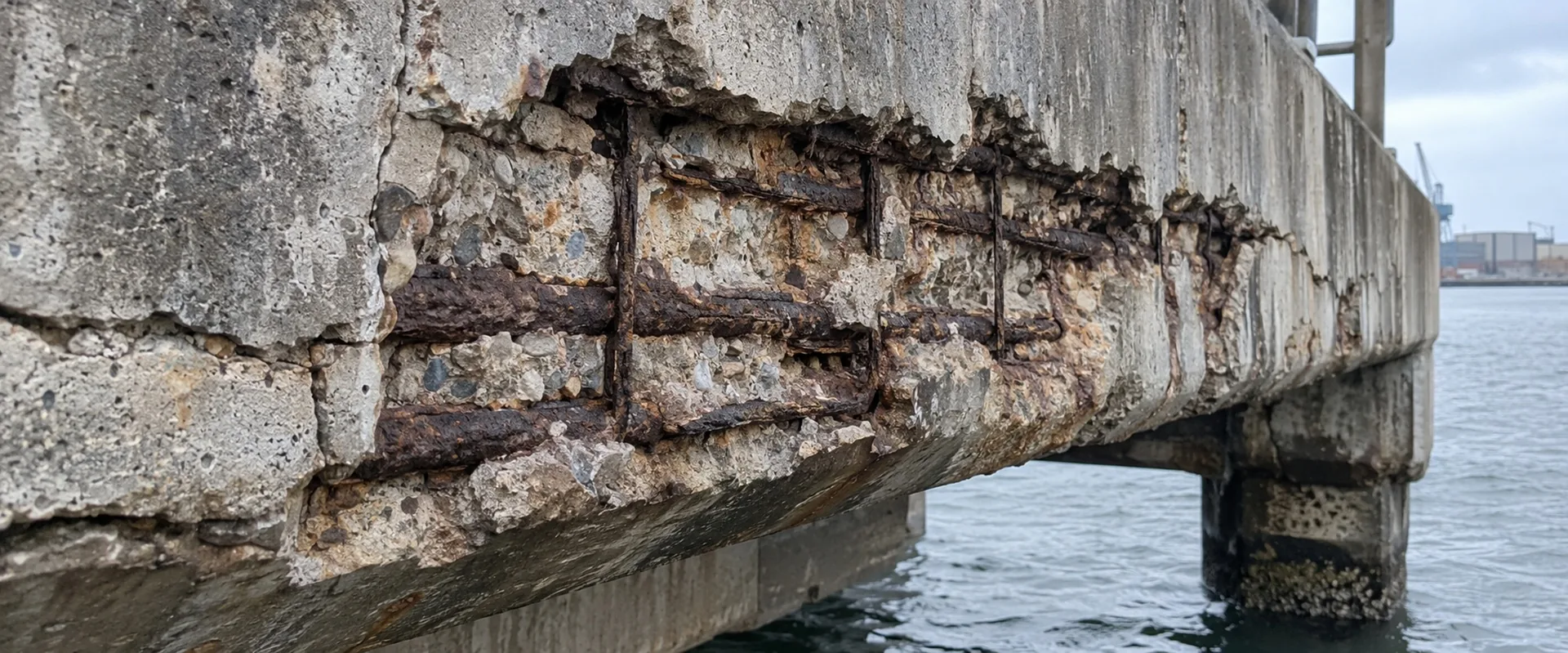 Spalled marine concrete beam with exposed corroded reinforcement before repairs in Sydney