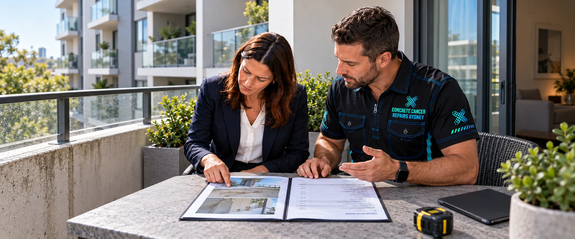CCRS representative and strata manager reviewing a repair scope and building photographs on a balcony