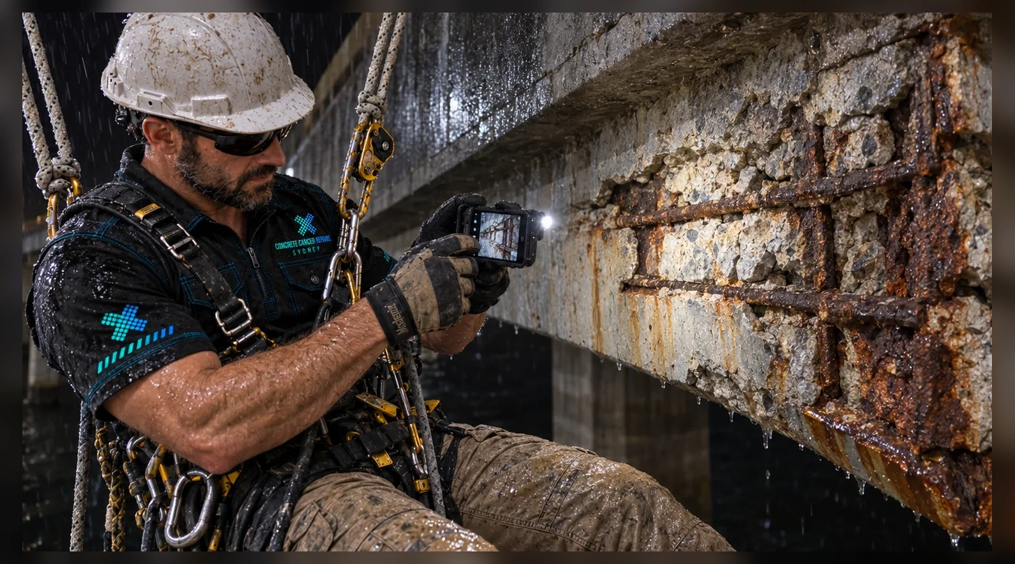 Inspector photographing concrete cancer and exposed reinforcement