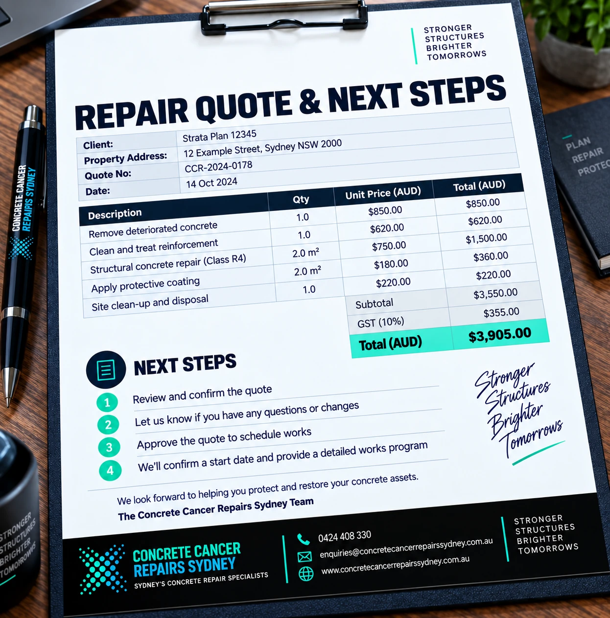Concrete repair quote and next steps document