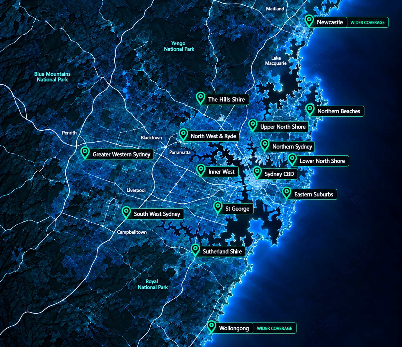 Sydney, Newcastle and Wollongong concrete cancer repair service area map